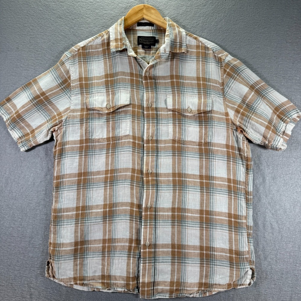 Pendleton Malone Button Up Shirt Mens Small Beige Plaid Linen Double Flap Pocket - Picture 1 of 10